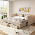 Upholstered Bed, Daybed, Sofa Bed, With 2 Drawers For Storage, Sofa Bed, Daybed 90x190 Cm, Extendable To 180 Cm, With USB Port, Beige Chenille