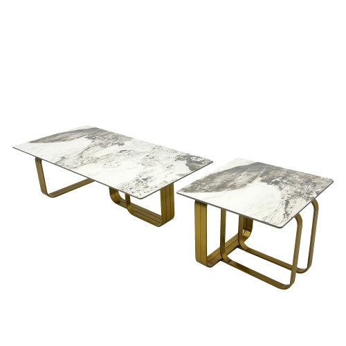 LuneluX_Home – Modern Sintered Stone Coffee Table Set with Gold Frame