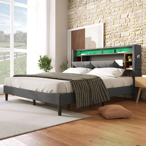 LuneluX_Home – Solid Wood Storage Bed with USB Charging Ports & LED