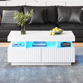 Coffee Table With LED Lights, 2drawers, Ribbed Decorative Centre Table, Sofa Side Table, Rectangle Coffee End Table For Living Room, Office, 100x50x45cm, White, Particleboard