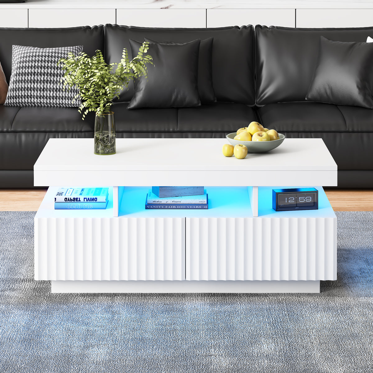 Coffee Table With LED Lights, 2drawers, Ribbed Decorative Centre Table, Sofa Side Table, Rectangle Coffee End Table For Living Room, Office, 100x50x45cm, White, Particleboard