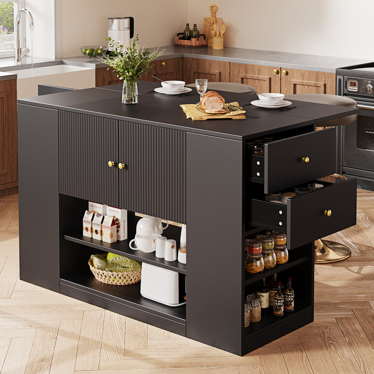 Modern Kitchen Island, Sideboard, Kitchen Cabinet With Drawers And Shelves, Sideboard For Kitchen & Dining Room, Black