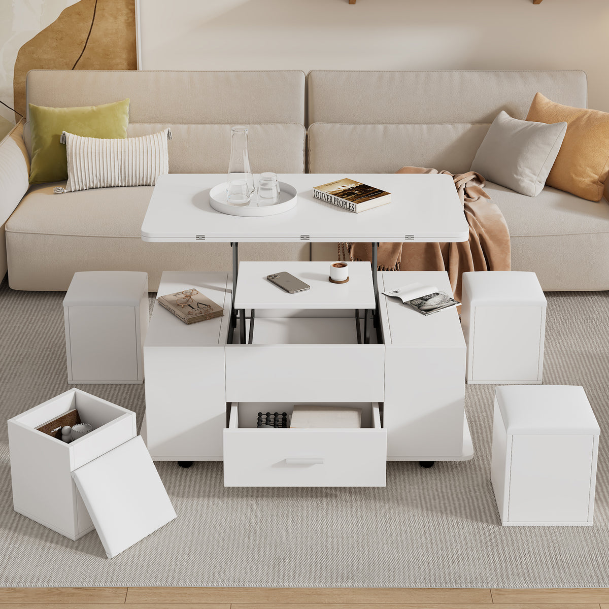 Lift Top Coffee Table With Wheels,  Convertible Dining & Work Table With 4 Stools, Hidden Storage, Extendable Side Table, Space-saving End Table,Tea Table, White, 100x50x45cm Folded