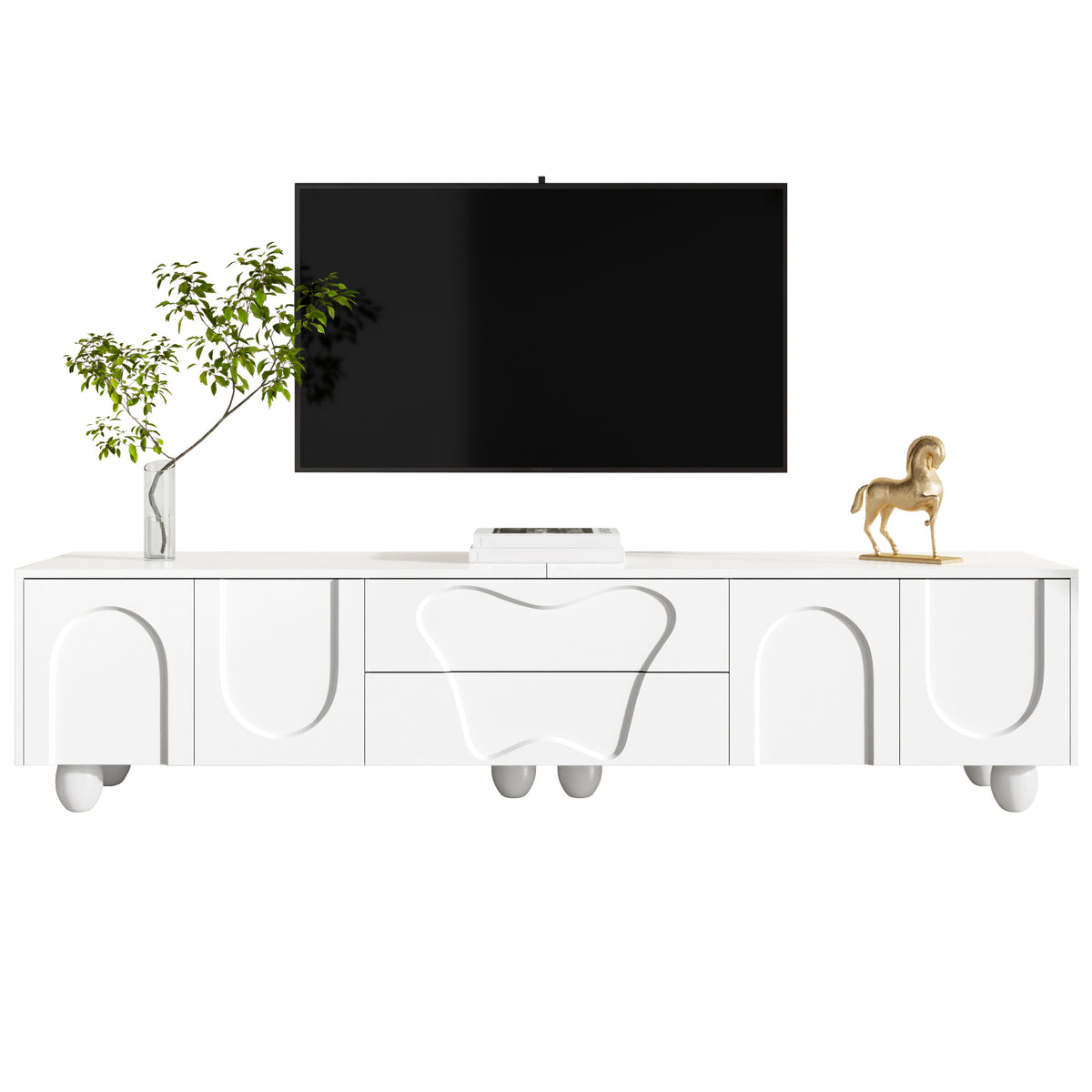 180 Cm White TV Cabinet With Wooden Legs  A Minimalist And Elegant TV Cabinet With Ample Storage Space, A Unique Design, And Flexible Storage Solutions For A Stylish Living Room.