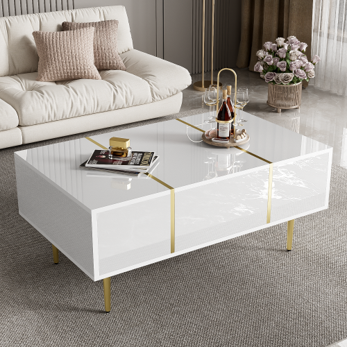 White High-gloss Coffee Table, Modern And Simple, With 2 Drawers