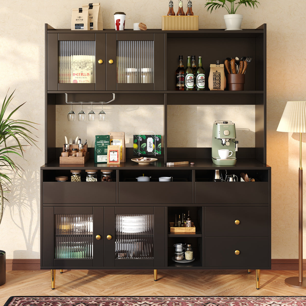 Multi-purpose Storage Cabinet145 X 39 X 171 Cm, Modern Design, With Changhong Glass Door, Wine Glass Holder, Multi-layered Storage Space, Black With Gold Decoration, Suitable For Home And Restaurant
