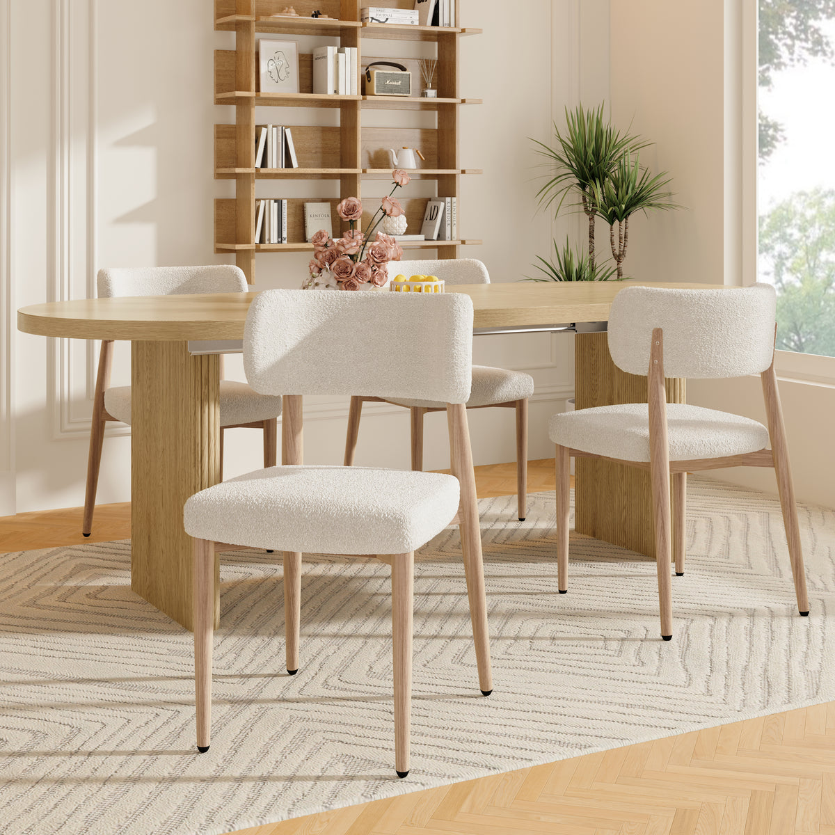 Set Of 4, Metal Chairs, Dining Chairs, Suitable For Homes, Restaurants, Living Rooms, And Cafes, Boucle, Natural Wood Color