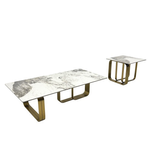 LuneluX_Home – Modern Sintered Stone Coffee Table Set with Gold Frame