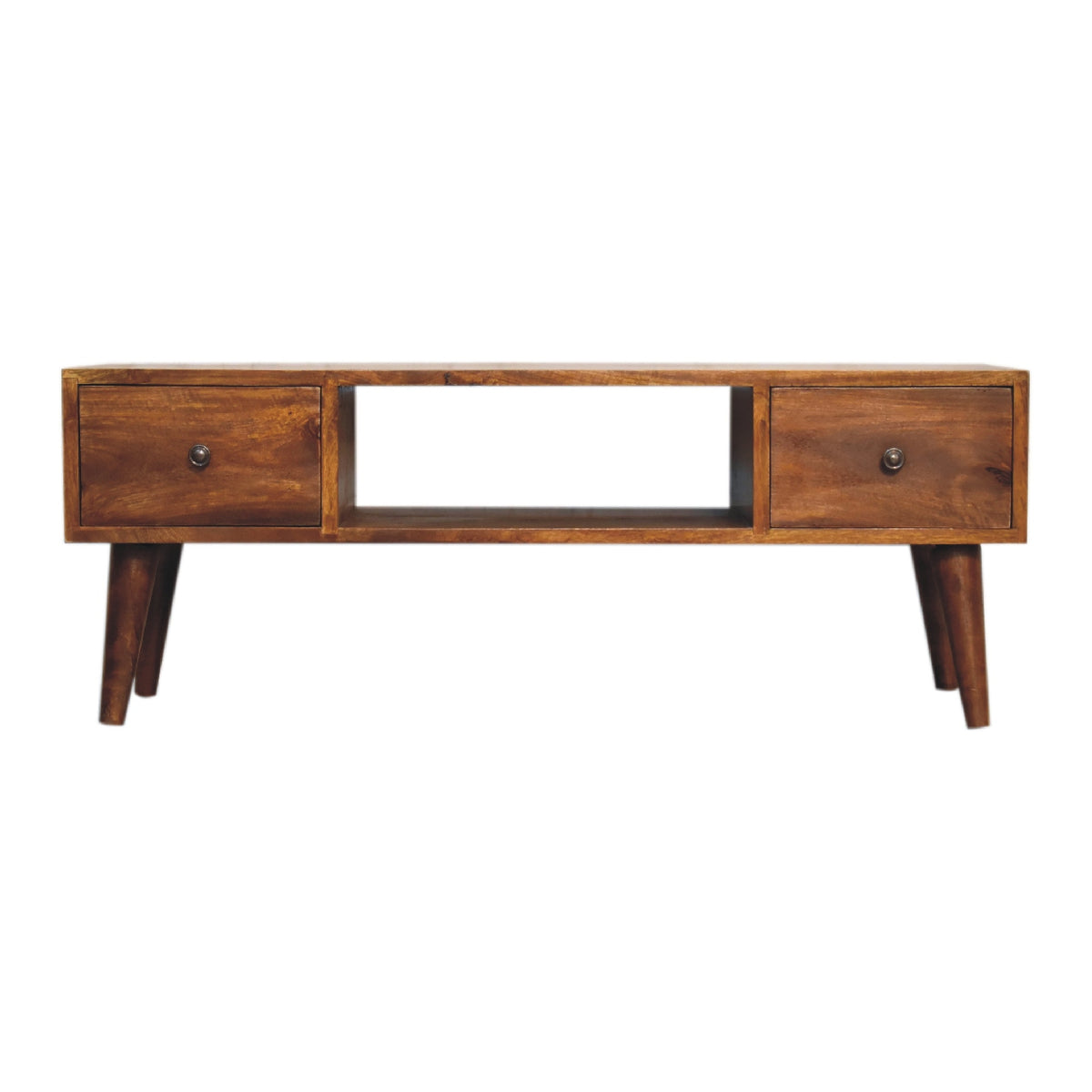 Solid Wood Classic Chestnut Coffee Table, 2 Drawers, 1 Open Slot, Dark Brown