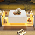 High Gloss Coffee Table With Open Storage, 1 Drawer, LED Lights, Centre Table With Glass Tabletop, Sofa Side Table, Coffee End Table For Living Room, Office, 100x50x31cm, White
