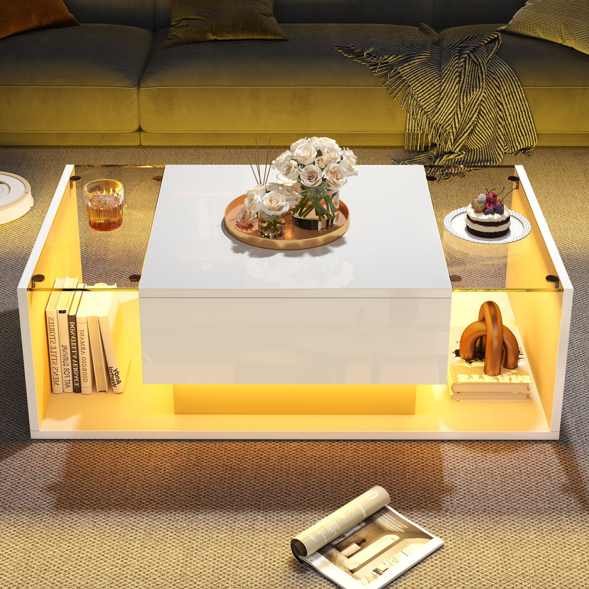 High Gloss Coffee Table With Open Storage, 1 Drawer, LED Lights, Centre Table With Glass Tabletop, Sofa Side Table, Coffee End Table For Living Room, Office, 100x50x31cm, White