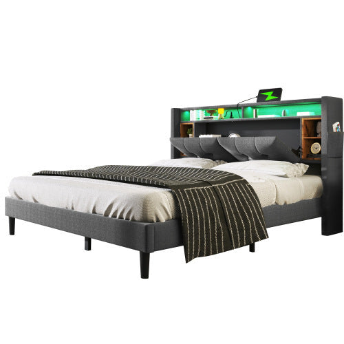 LuneluX_Home – Solid Wood Storage Bed with USB Charging Ports & LED