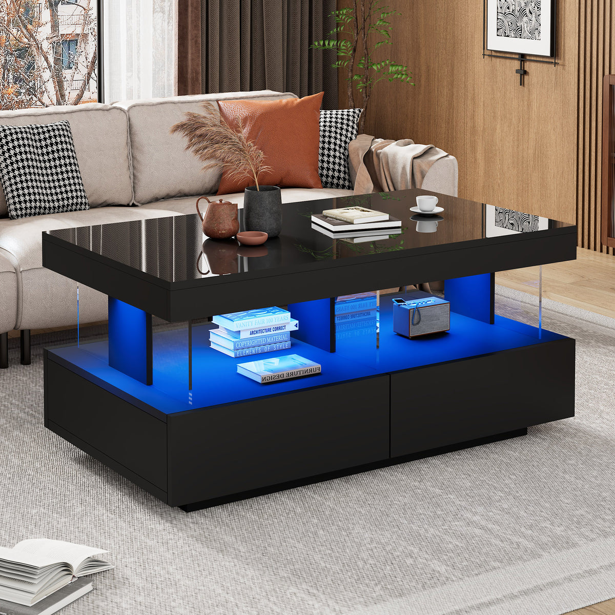 Coffee Table For Living Room, High Gloss Tea Table With LED Lights, Centre Table With 2 Drawers And Open Storage Space, End Table For Home Office Furniture, Black