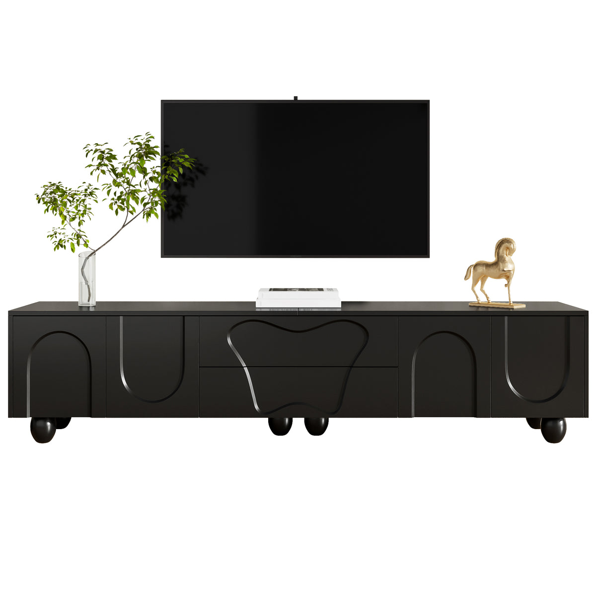 180 Cm Black TV Cabinet With Wooden Legs  A Minimalist And Elegant TV Cabinet With Ample Storage Space, A Unique Design, And Flexible Storage Solutions For A Stylish Living Room.