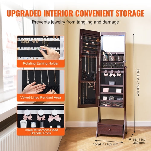VEVOR Mirror Jewelry Cabinet, Standing Mirror with Storage, Lockable