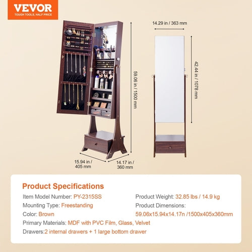 VEVOR Mirror Jewelry Cabinet, Standing Mirror with Storage, Lockable