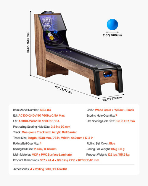 VEVOR 2.74m Roll and Score Classic Arcade Game Table, Indoor Skeeball