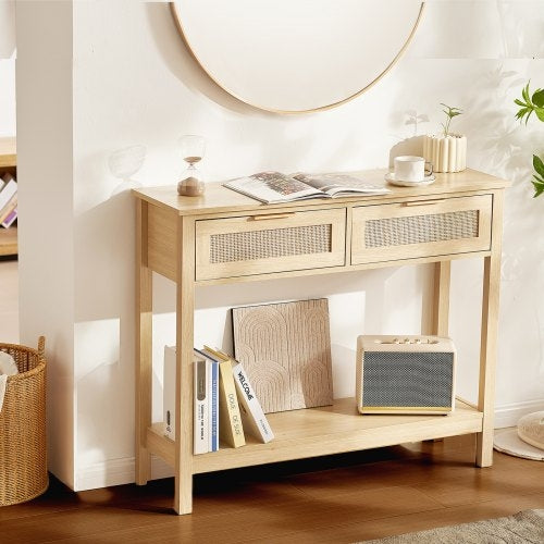 VEVOR Rattan Console Table with 2 Storage Drawers, Rattan Entryway
