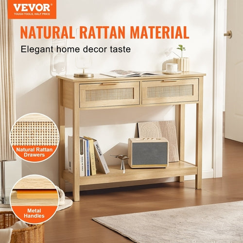 VEVOR Rattan Console Table with 2 Storage Drawers, Rattan Entryway