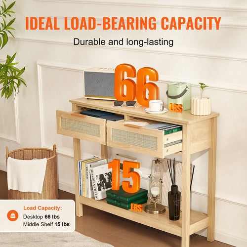 VEVOR Rattan Console Table with 2 Storage Drawers, Rattan Entryway