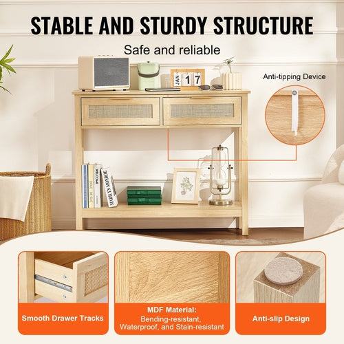 VEVOR Rattan Console Table with 2 Storage Drawers, Rattan Entryway