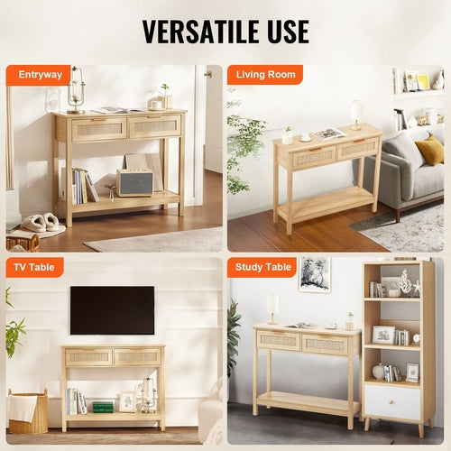 VEVOR Rattan Console Table with 2 Storage Drawers, Rattan Entryway