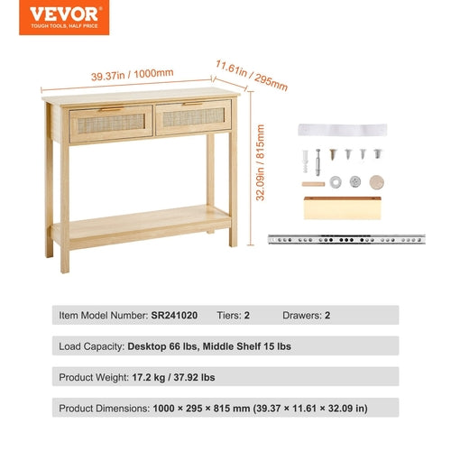 VEVOR Rattan Console Table with 2 Storage Drawers, Rattan Entryway