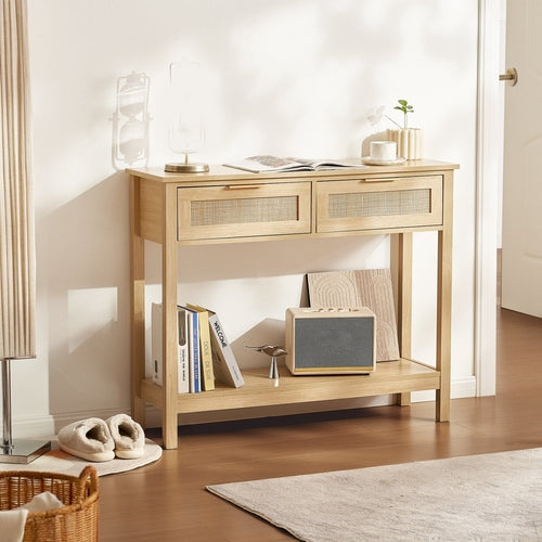 VEVOR Rattan Console Table with 2 Storage Drawers, Rattan Entryway