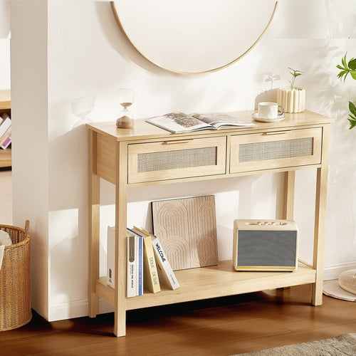 VEVOR Rattan Console Table with 2 Storage Drawers, Rattan Entryway